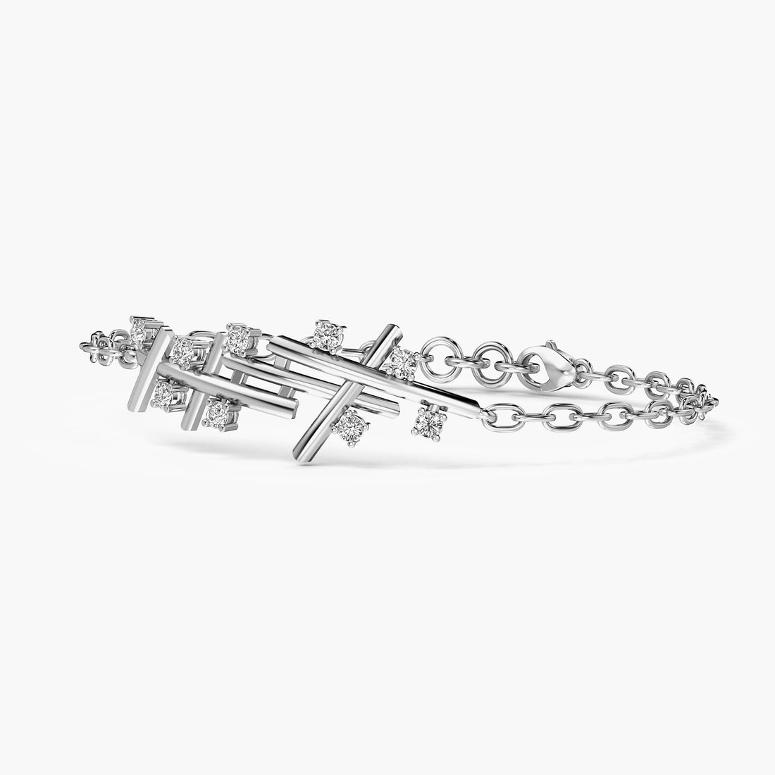 Contemporary Crisscross Bracelet - 3D View in White Gold - Diamond Bracelet by Moena