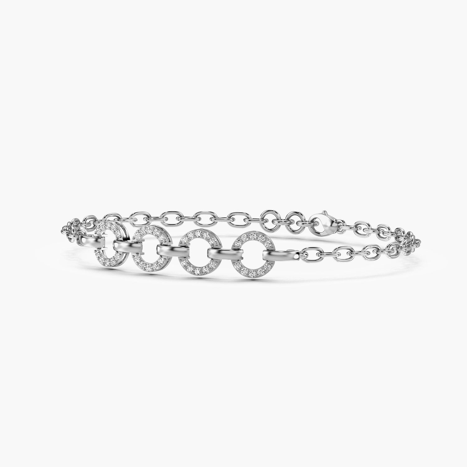 A bold white gold bracelet featuring interlocking circular links adorned with lab grown diamonds. A sustainable statement piece with timeless allure.Perfect for luxury gifitng.