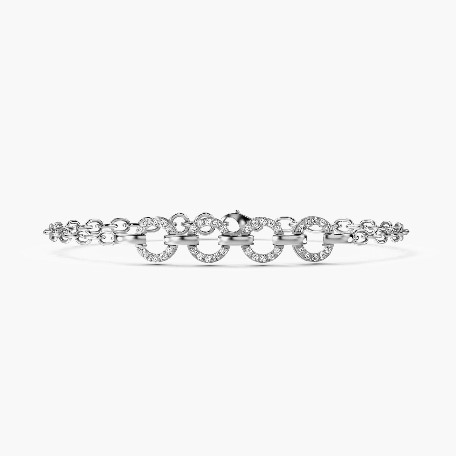 A bold white gold bracelet featuring interlocking circular links adorned with lab grown diamonds. A sustainable statement piece with timeless allure.Perfect for luxury gifitng.