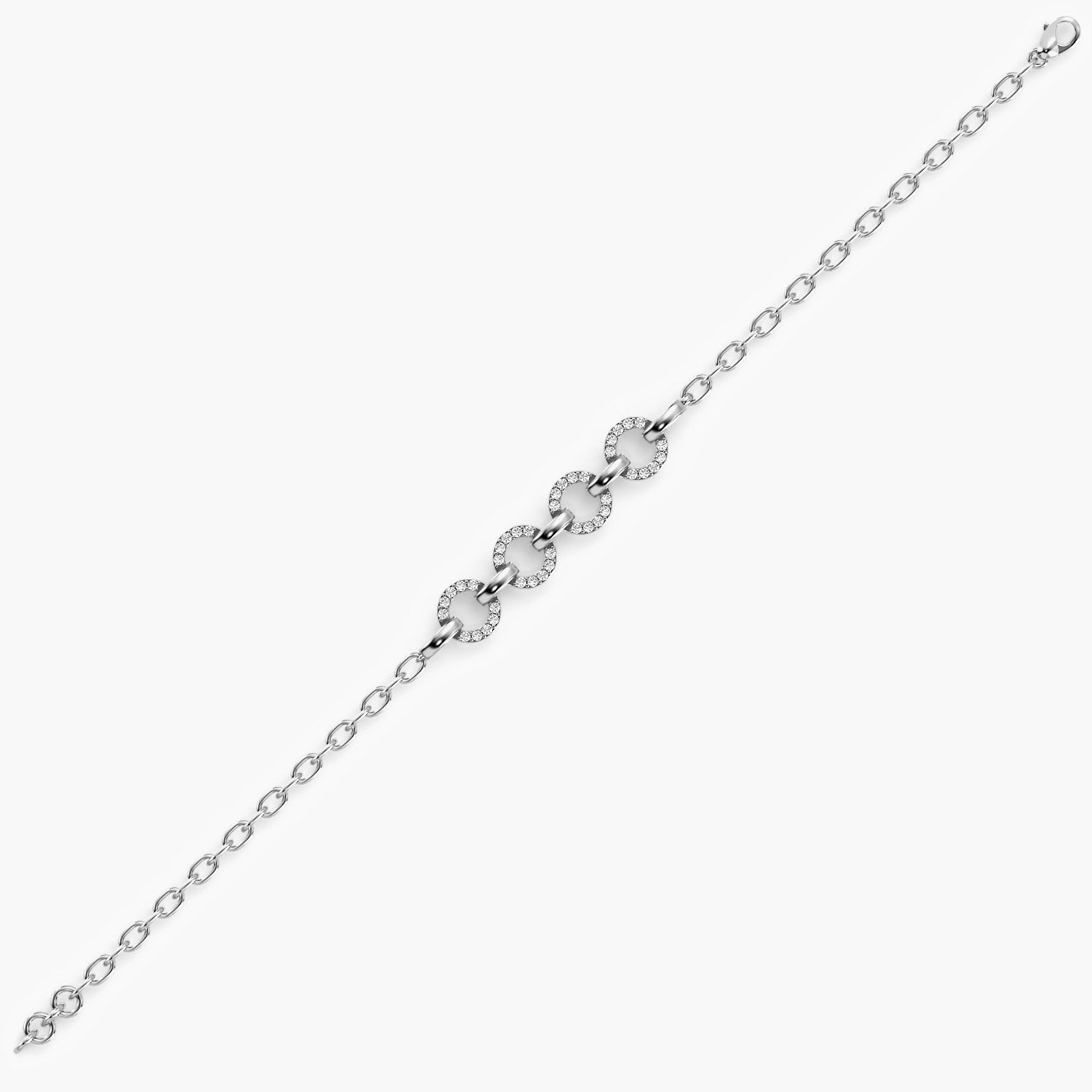 A bold white gold bracelet featuring interlocking circular links adorned with lab grown diamonds. A sustainable statement piece with timeless allure.Perfect for luxury gifitng.