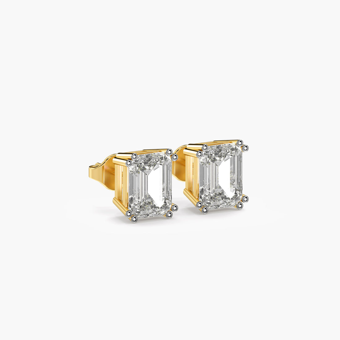 Grandeur Emerald Studs - 3D View in Yellow Gold - Emerald Diamond Stud by Moena