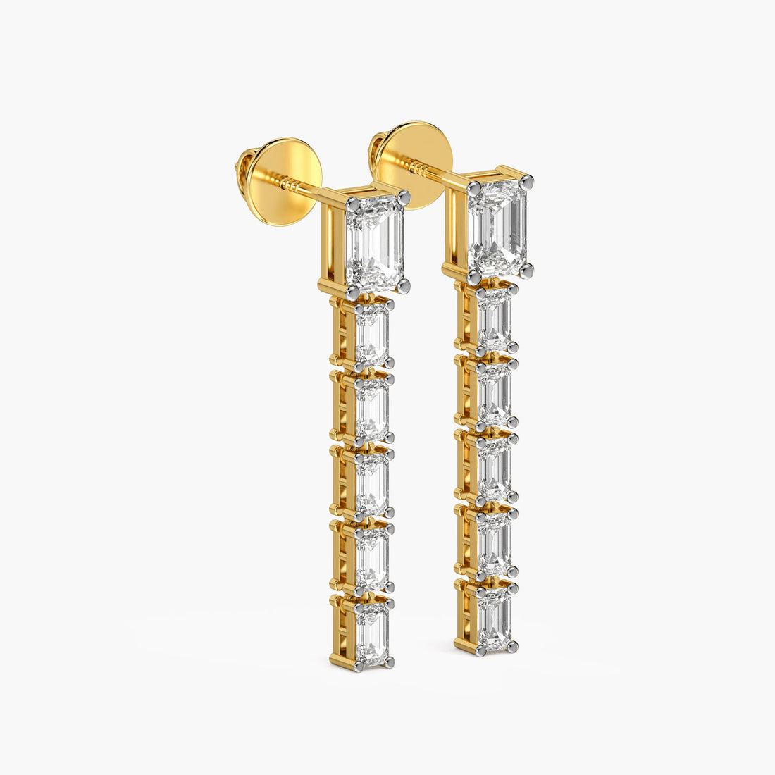 Emerald Cut Drama Drops - 3D View in Yellow Gold - Emerald Diamond Jewellery by Moena