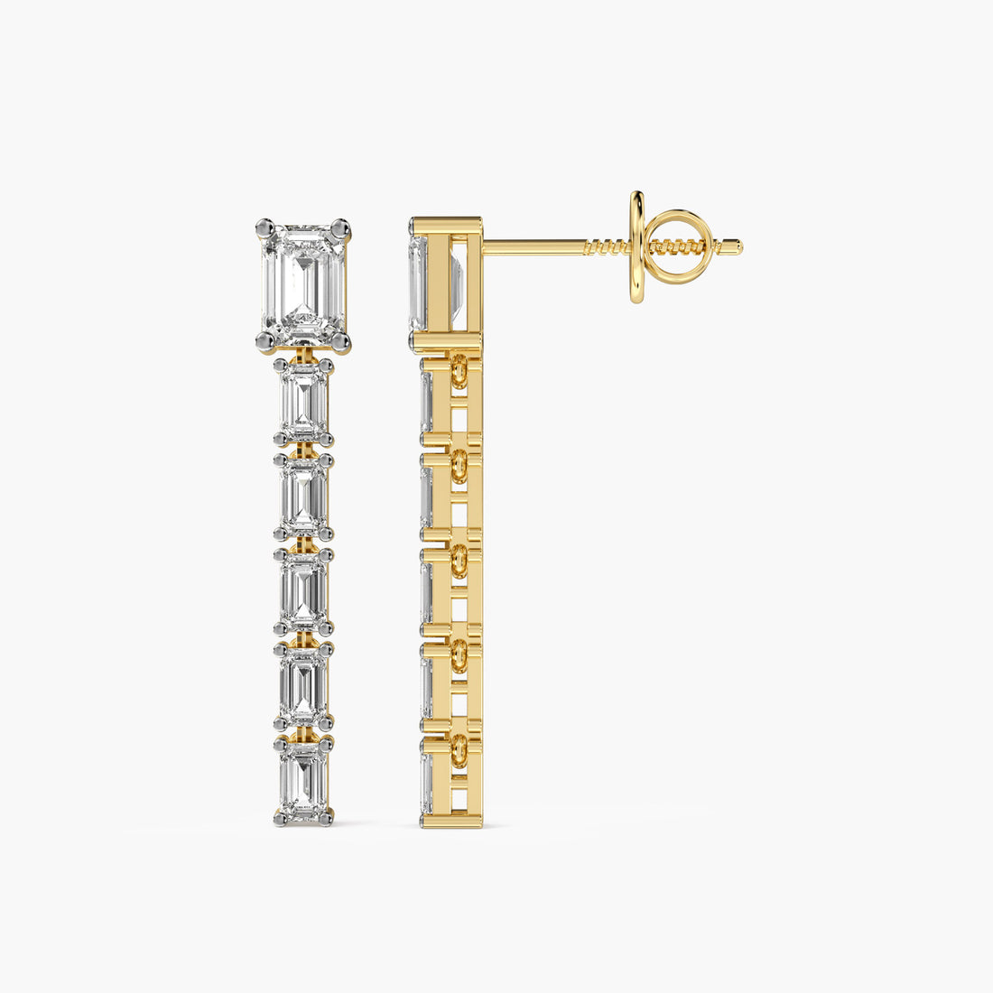 Emerald Cut Drama Drops - Side View in Yellow Gold - Emerald Diamond Jewellery by Moena