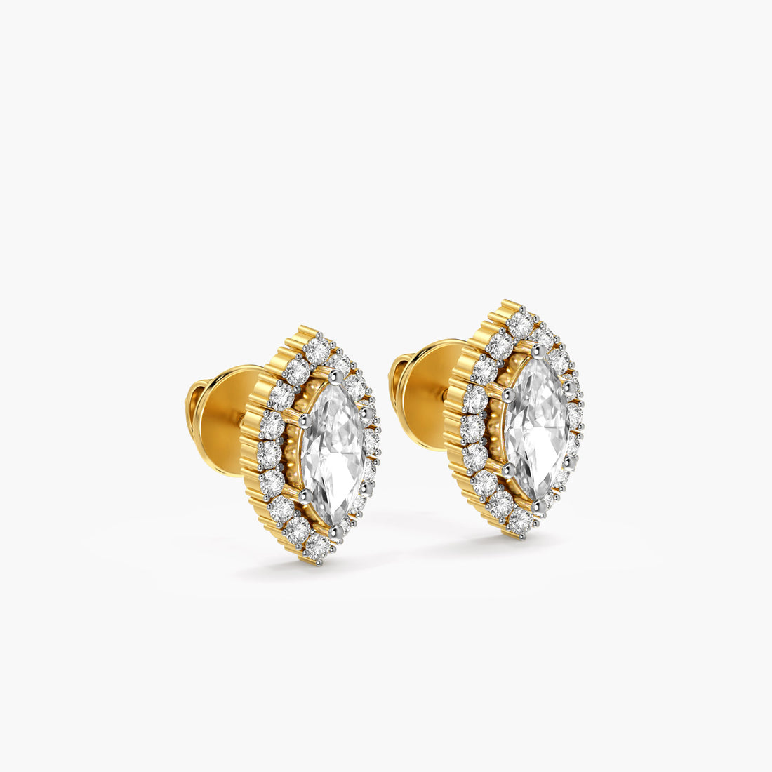 Radiant Marquise Halo Studs - 3D View in Yellow Gold - Marquise Diamond Stud by Moena