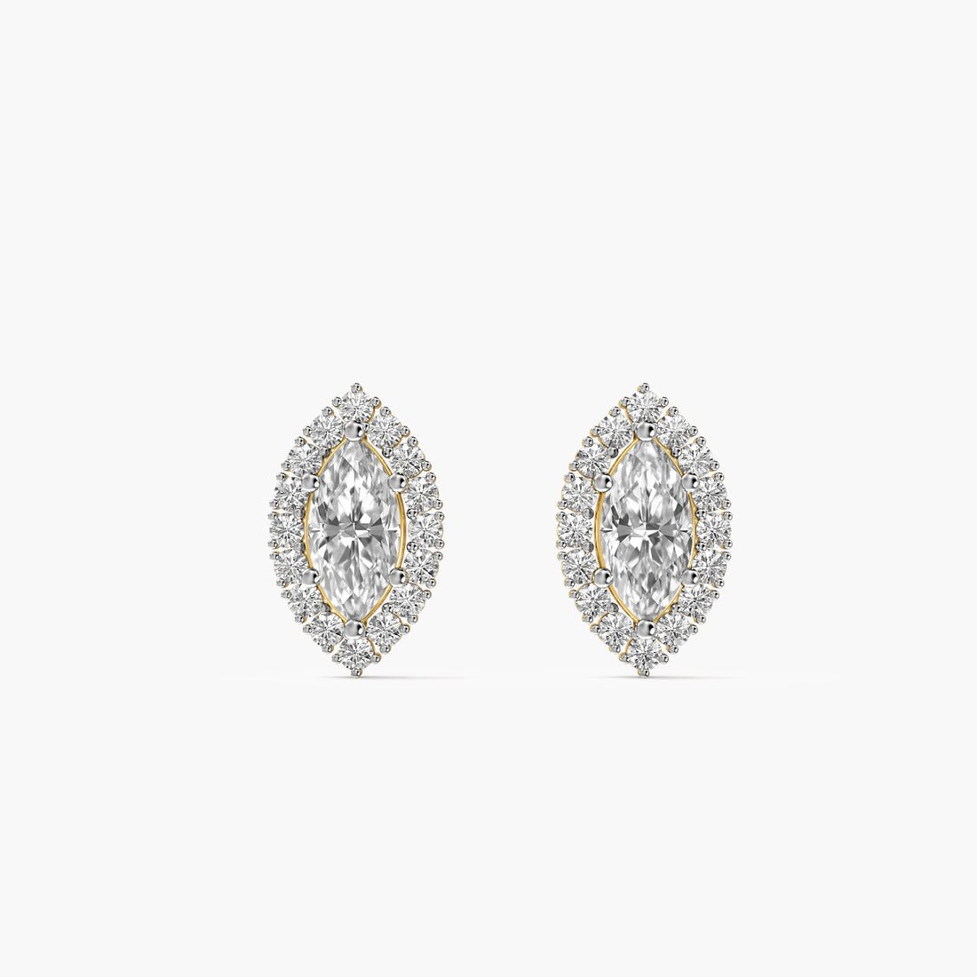 Radiant Marquise Halo Studs - Front View in Yellow Gold - Marquise Diamond Stud by Moena