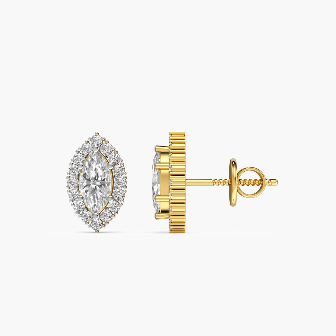 Radiant Marquise Halo Studs - Side View in Yellow Gold - Marquise Diamond Stud by Moena
