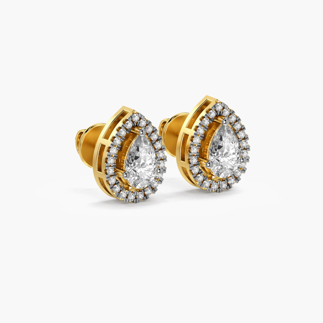 Pear Halo Diamond Studs - 3D View in Yellow Gold - Pear Diamond Stud by Moena