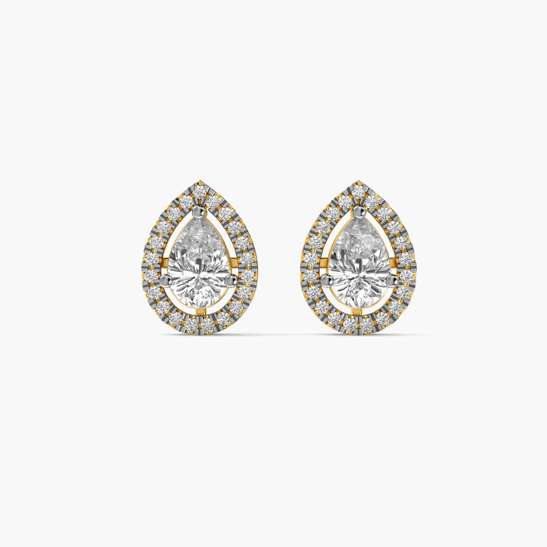 Pear Halo Diamond Studs - Front View in Yellow Gold - Pear Diamond Stud by Moena