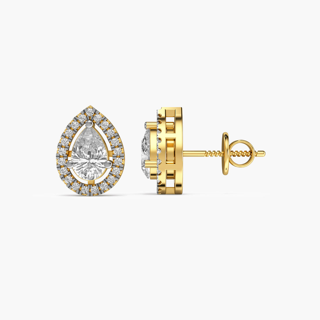 Pear Halo Diamond Studs - Side View in Yellow Gold - Pear Diamond Stud by Moena