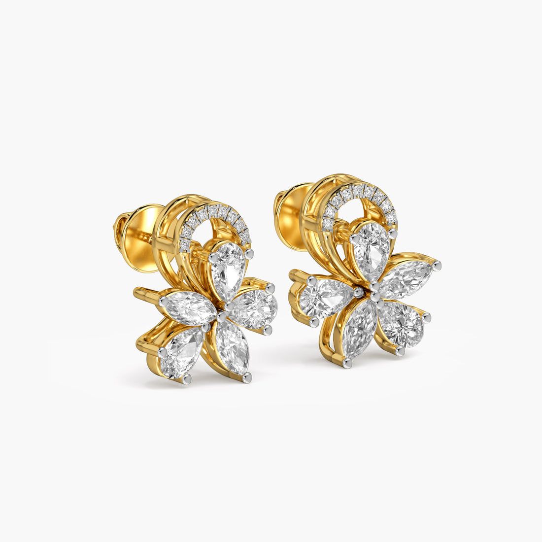 Petal Cluster Diamond Studs - 3D View in Yellow Gold - Diamond Stud by Moena