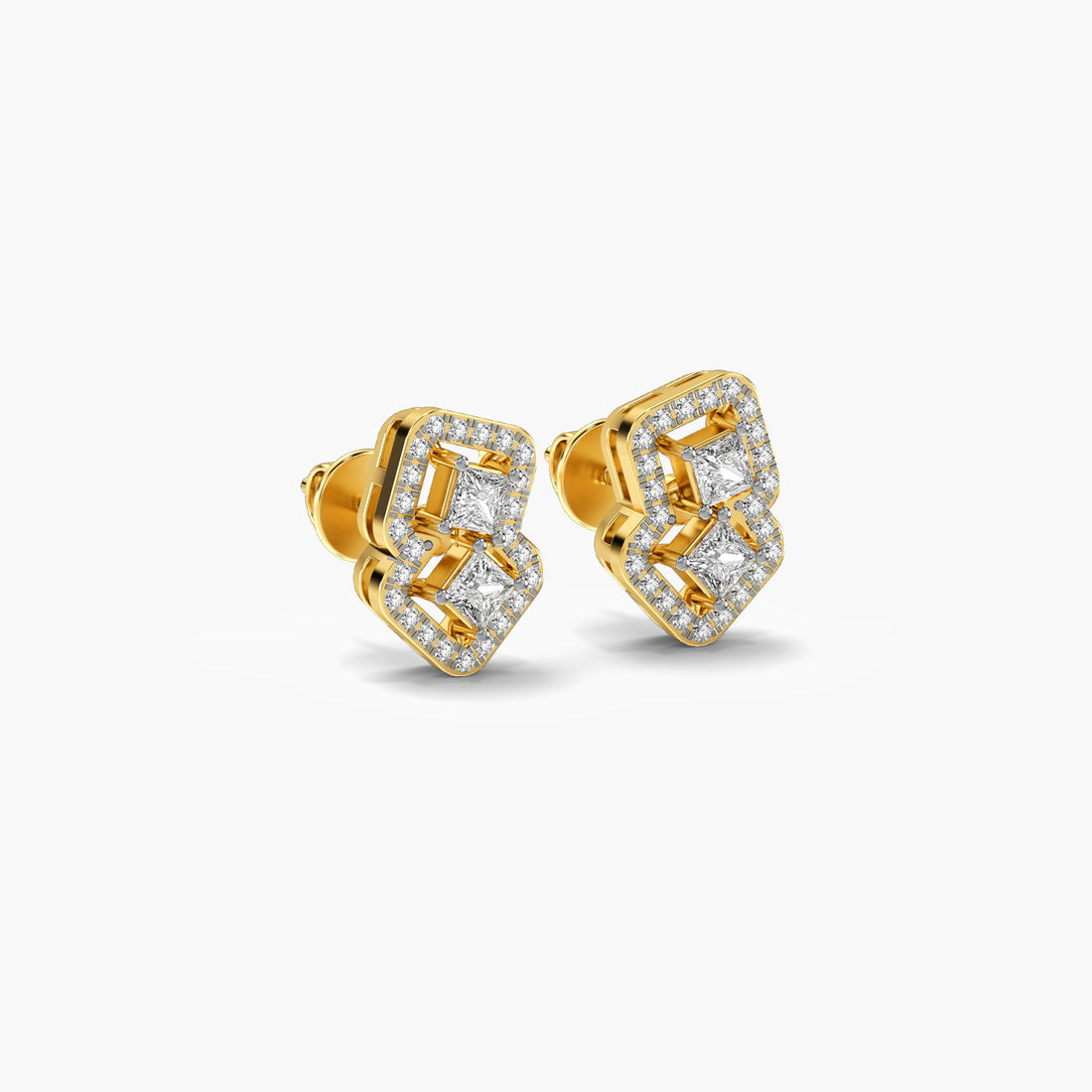 Radiant Dual Diamond Motif Earrings - 3D View in Yellow Gold - Radiant Diamond Earring by Moena