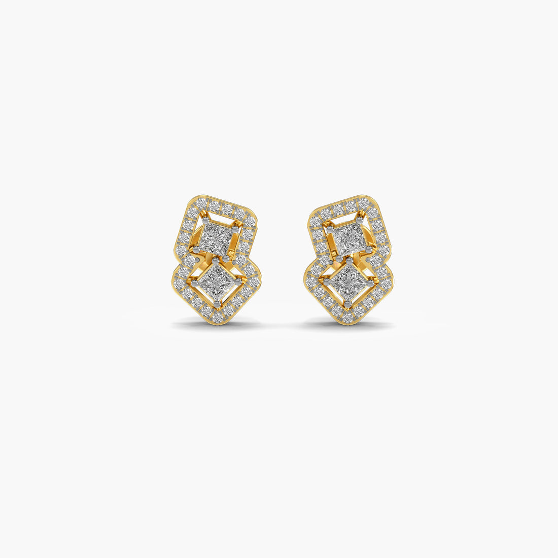 Radiant Dual Diamond Motif Earrings - Front View in Yellow Gold - Radiant Diamond Earring by Moena