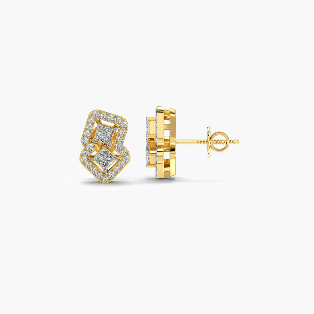 Radiant Dual Diamond Motif Earrings - Side View in Yellow Gold - Radiant Diamond Earring by Moena