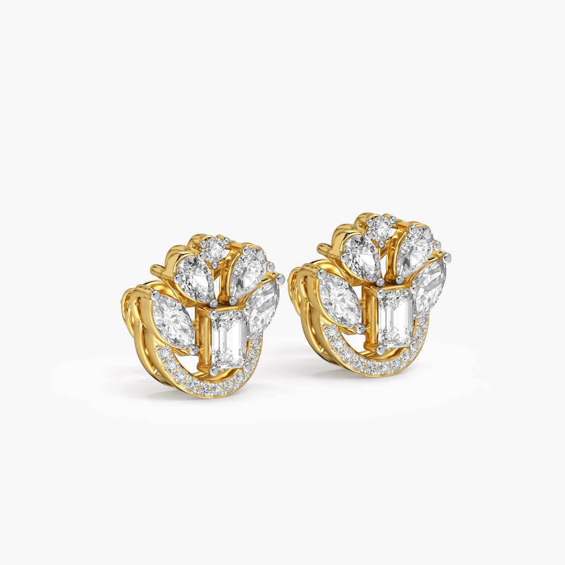 Tulip Bloom Stud Earrings - 3D View in Yellow Gold - Diamond Earring by Moena
