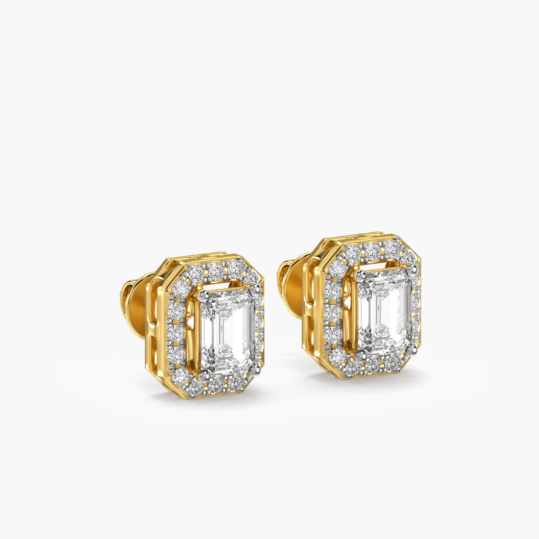 Emerald Halo Studs - 3D View in Yellow Gold - Emerald Diamond Stud by Moena