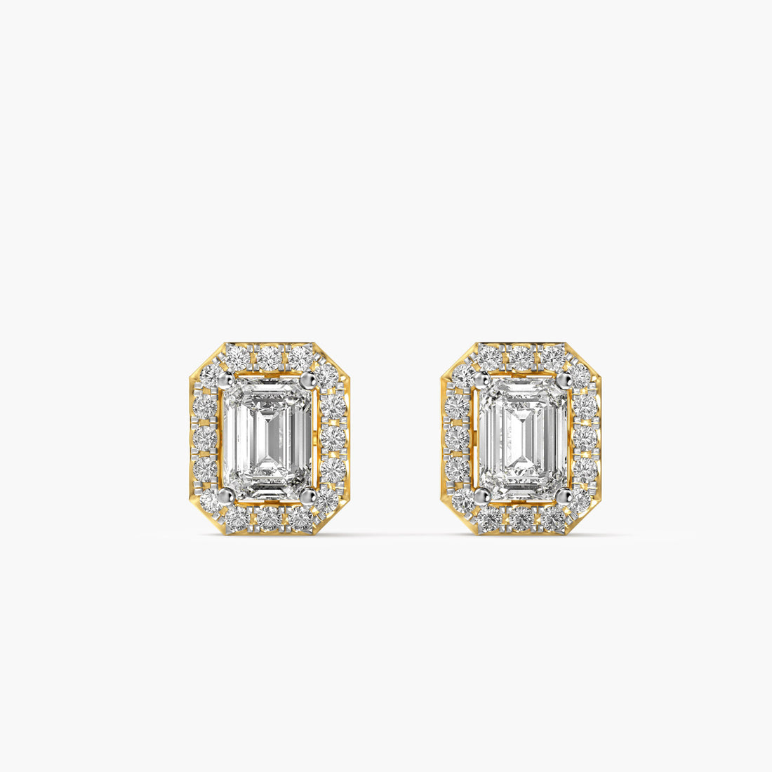 Emerald Halo Studs - Front View in Yellow Gold - Emerald Diamond Stud by Moena