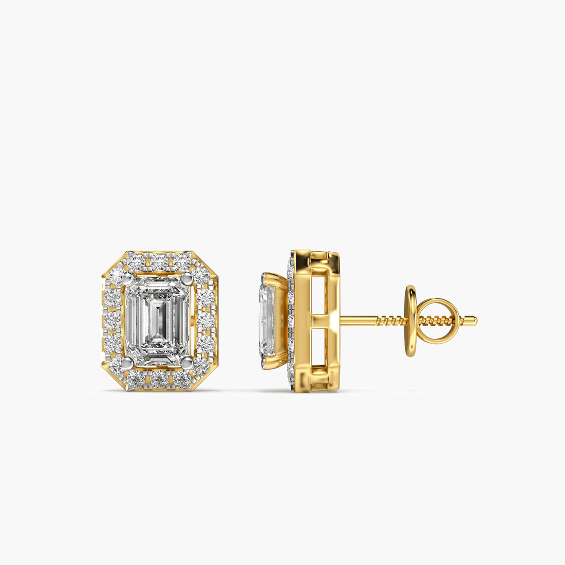 Emerald Halo Studs - Side View in Yellow Gold - Emerald Diamond Stud by Moena