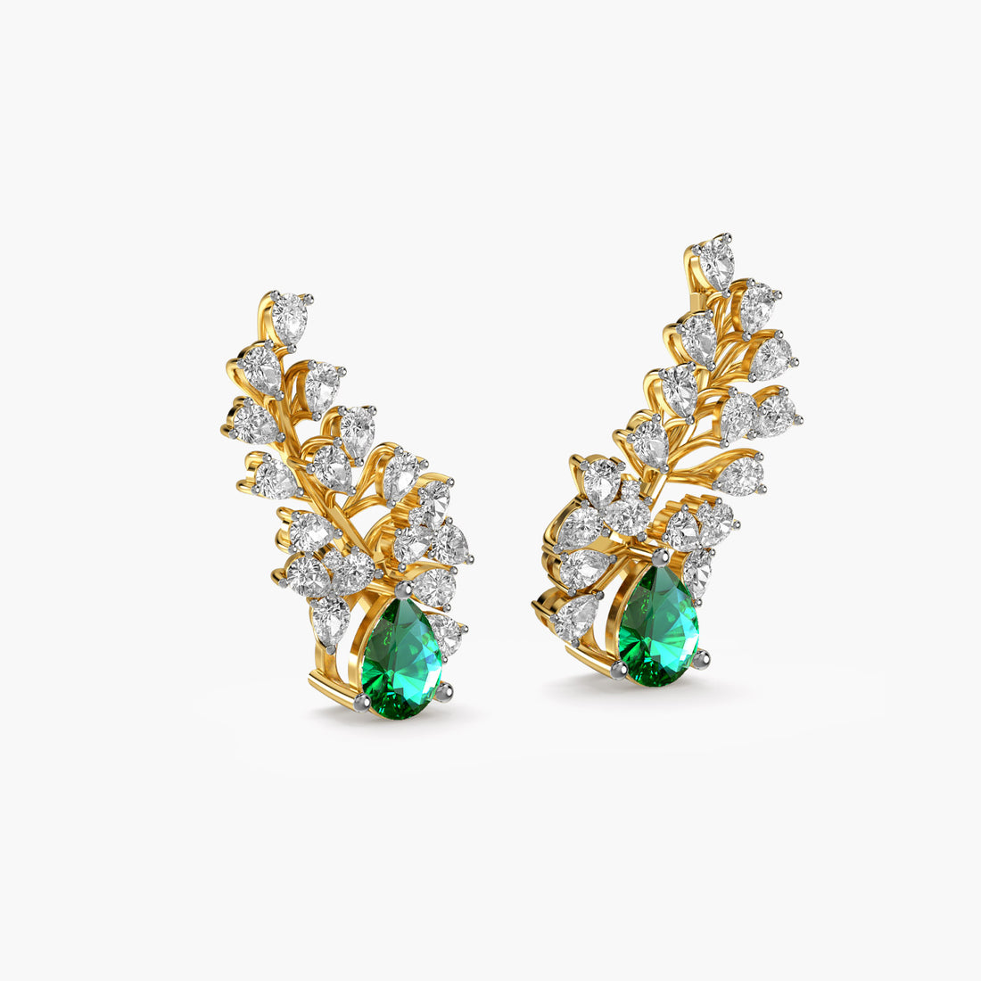Emerald Leaf Climber Earrings - 3D View in Yellow Gold - Emerald Diamond Earring by Moena
