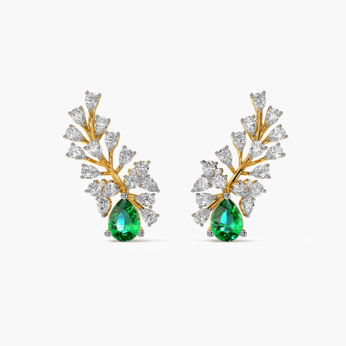 Emerald Leaf Climber Earrings - Front View in Yellow Gold - Emerald Diamond Earring by Moena