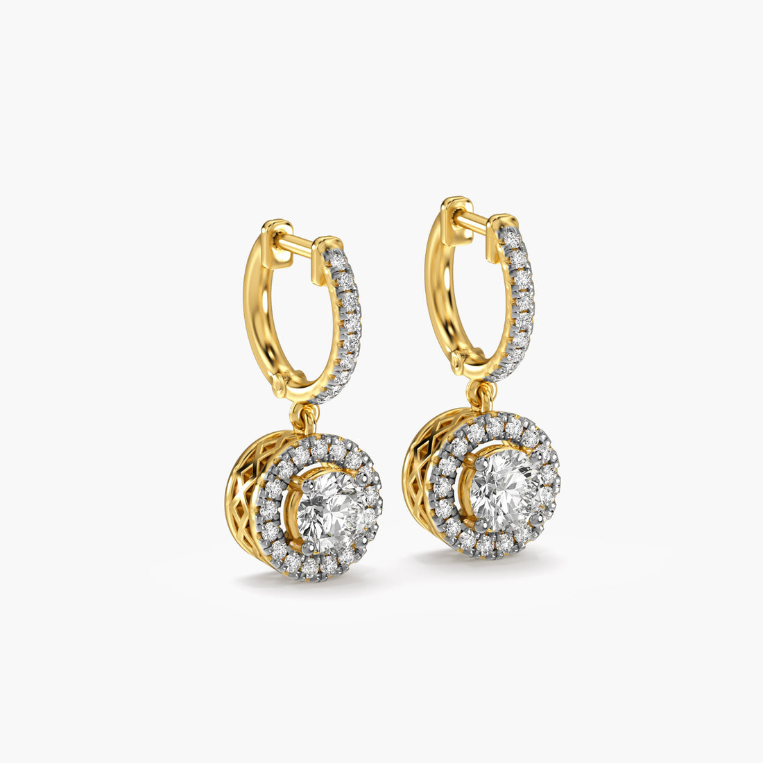 Halo Drop Earrings - 3D View in Yellow Gold - Diamond Earring by Moena