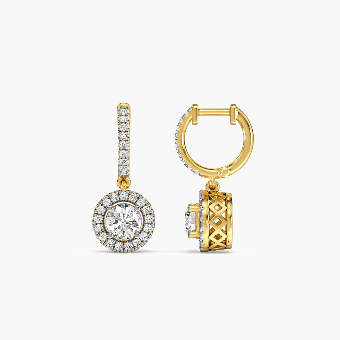 Halo Drop Earrings - Side View in Yellow Gold - Diamond Earring by Moena