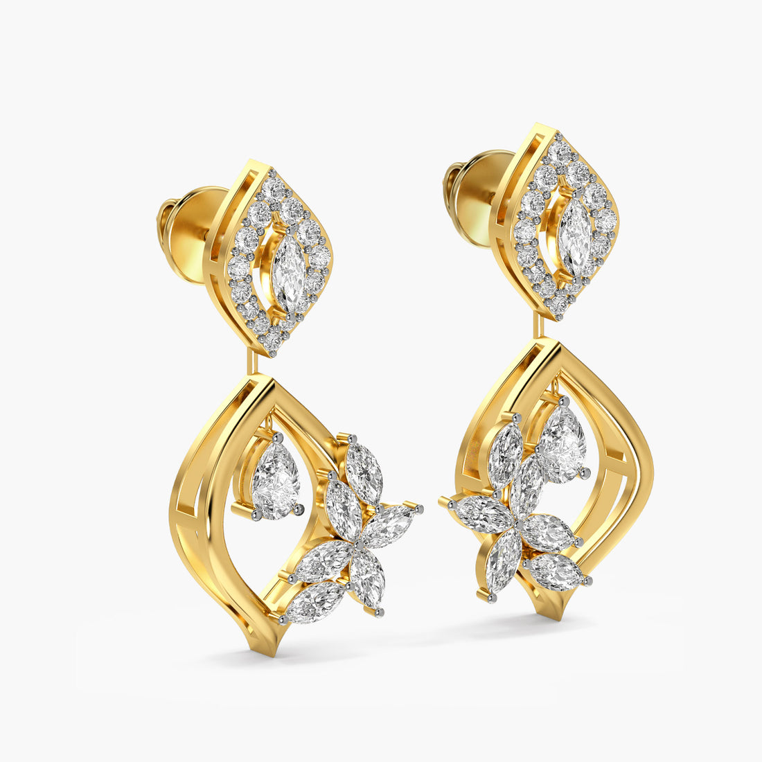 Floral Cascade Drops - 3D View in Yellow Gold - Diamond Jewellery by Moena