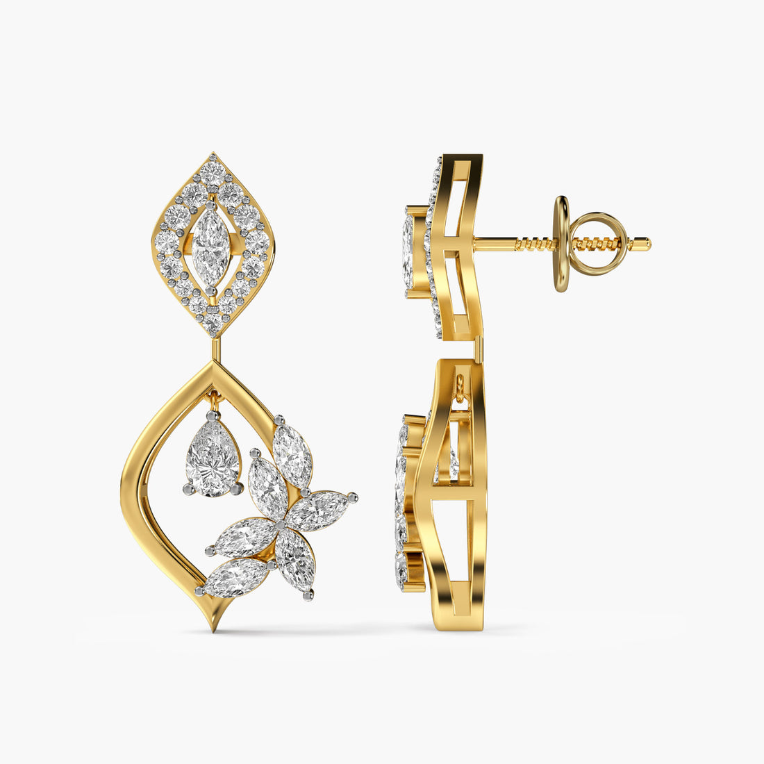 Floral Cascade Drops - Side View in Yellow Gold - Diamond Jewellery by Moena