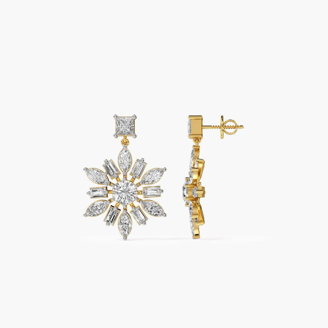 Snowburst Diamond Danglers - Side View in Yellow Gold - Diamond Jewellery by Moena