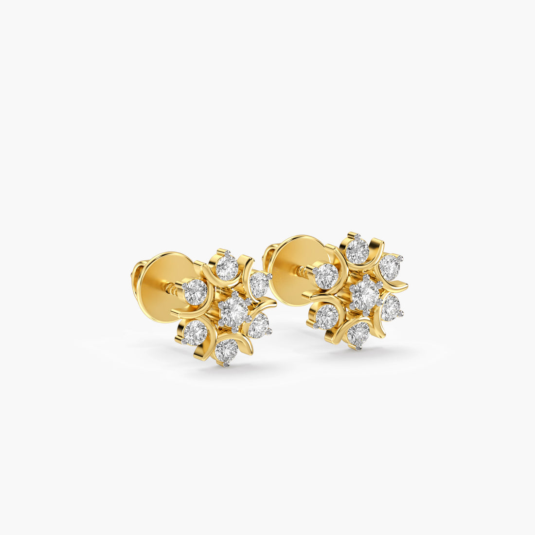 Solar Flora Studs - 3D View in Yellow Gold - Diamond Stud by Moena