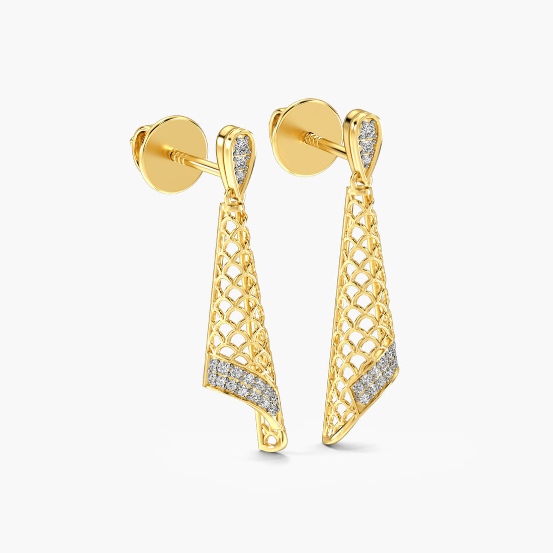 Regal Mesh Drop Earrings - 3D View in Yellow Gold - Diamond Earring by Moena