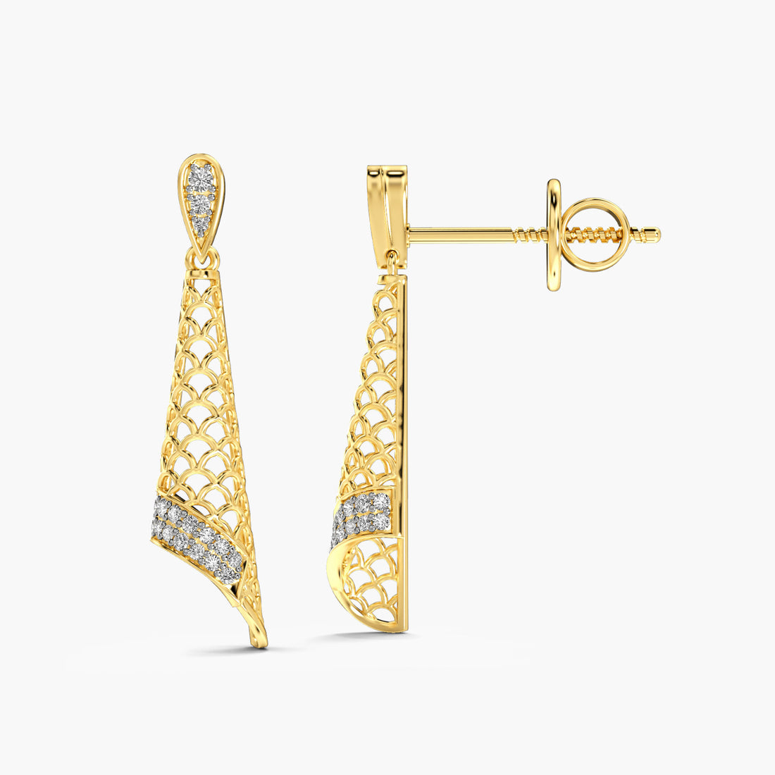 Regal Mesh Drop Earrings - Side View in Yellow Gold - Diamond Earring by Moena