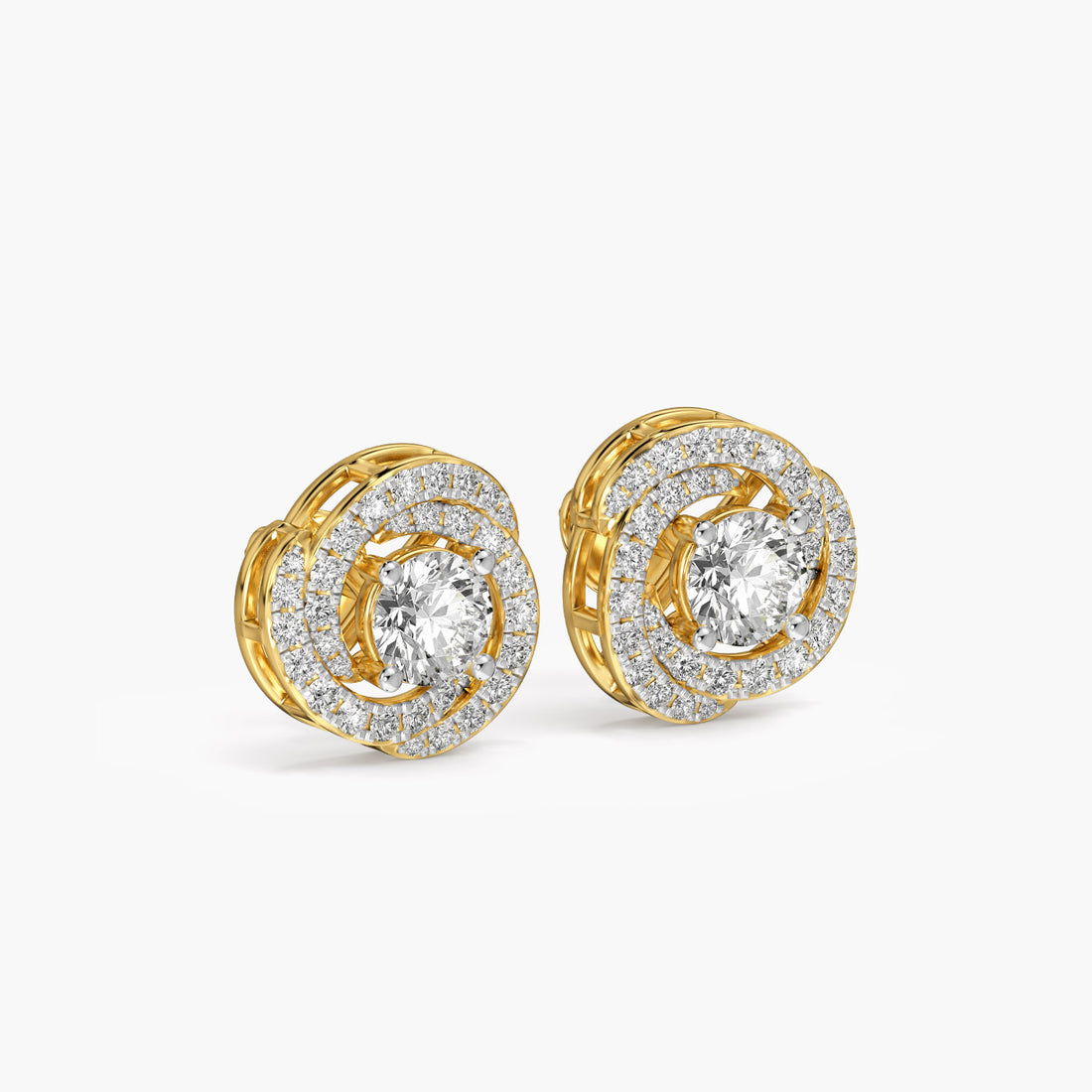 Sunburst Halo Stud Earrings - 3D View in Yellow Gold - Diamond Earring by Moena