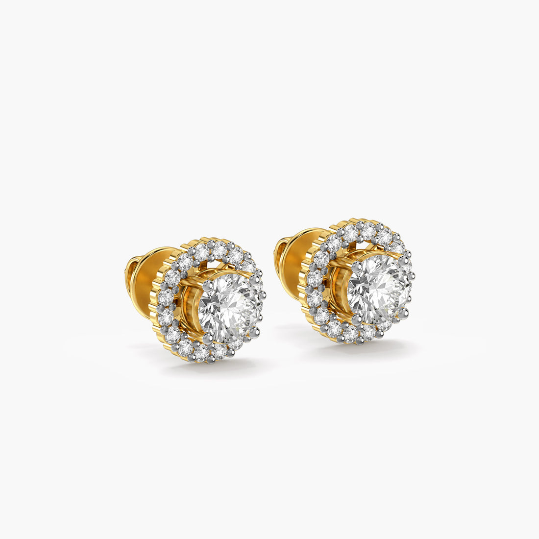 Classic Halo Stud Earrings - 3D View in Yellow Gold - Diamond Earring by Moena