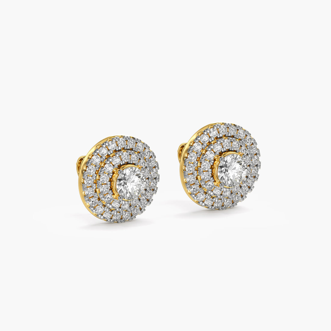 Classic Round Diamond Halo Studs - 3D View in Yellow Gold - Round Diamond Stud by Moena