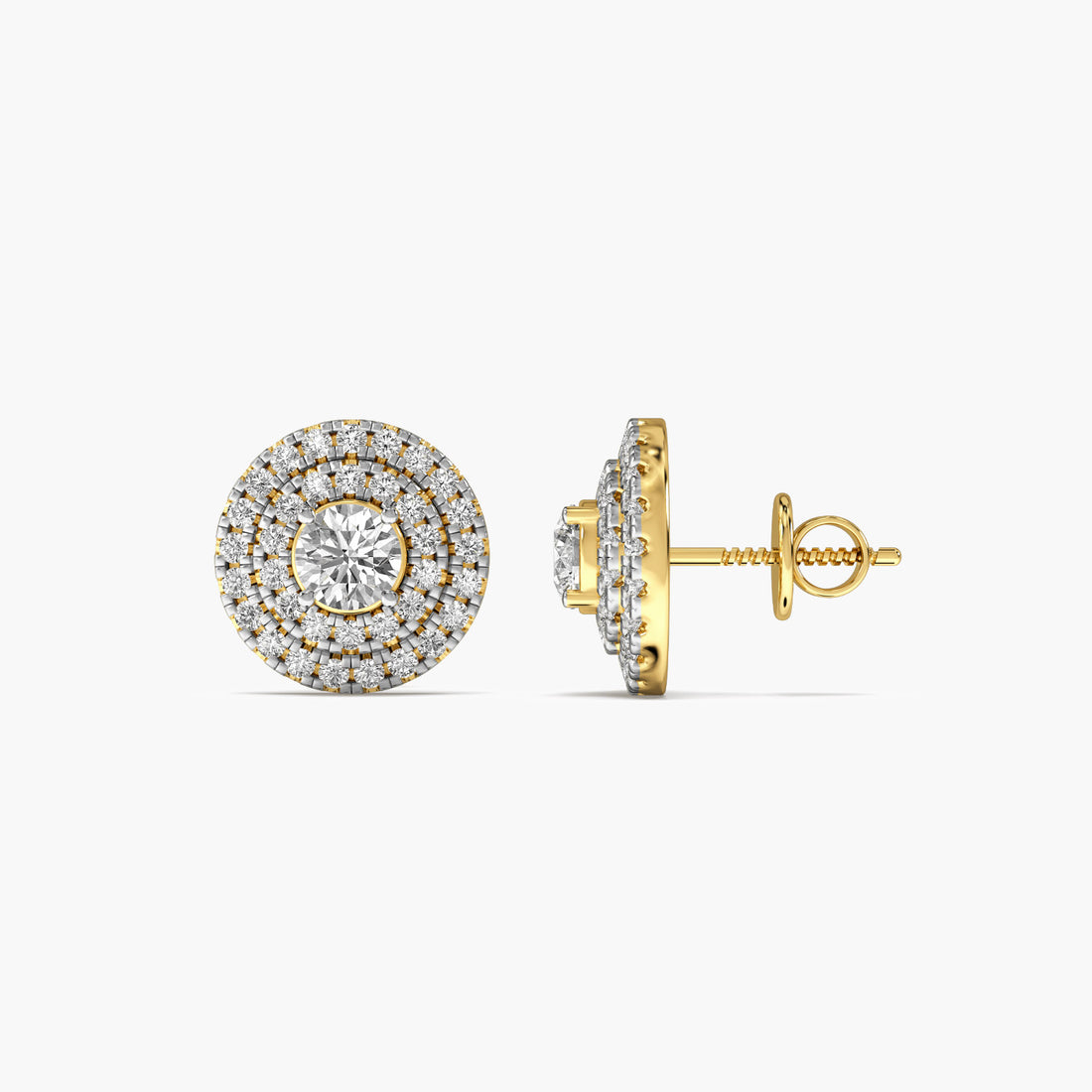 Classic Round Diamond Halo Studs - Side View in Yellow Gold - Round Diamond Stud by Moena