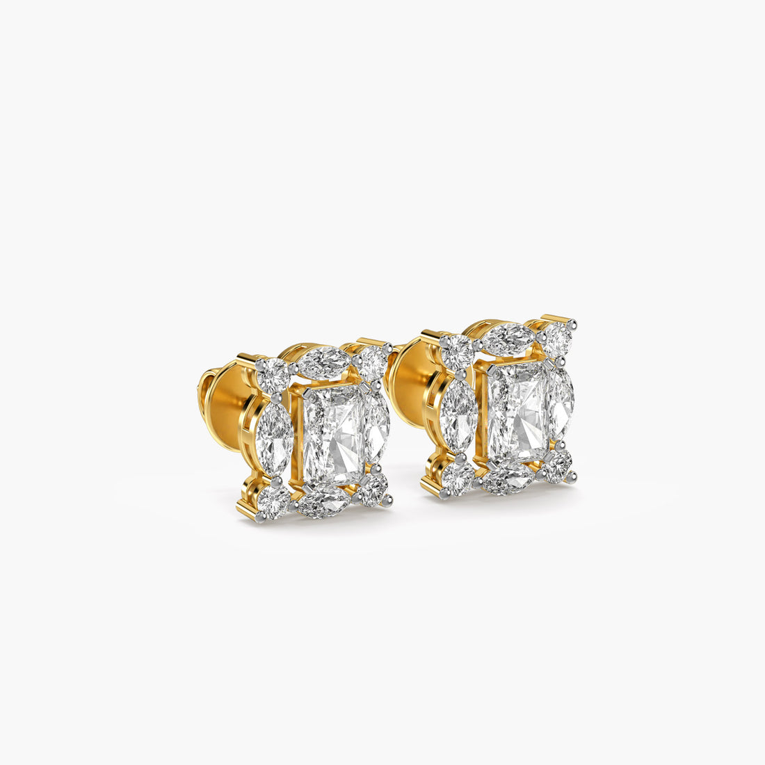 Regal Radiance Stud Earrings - 3D View in Yellow Gold - Diamond Earring by Moena