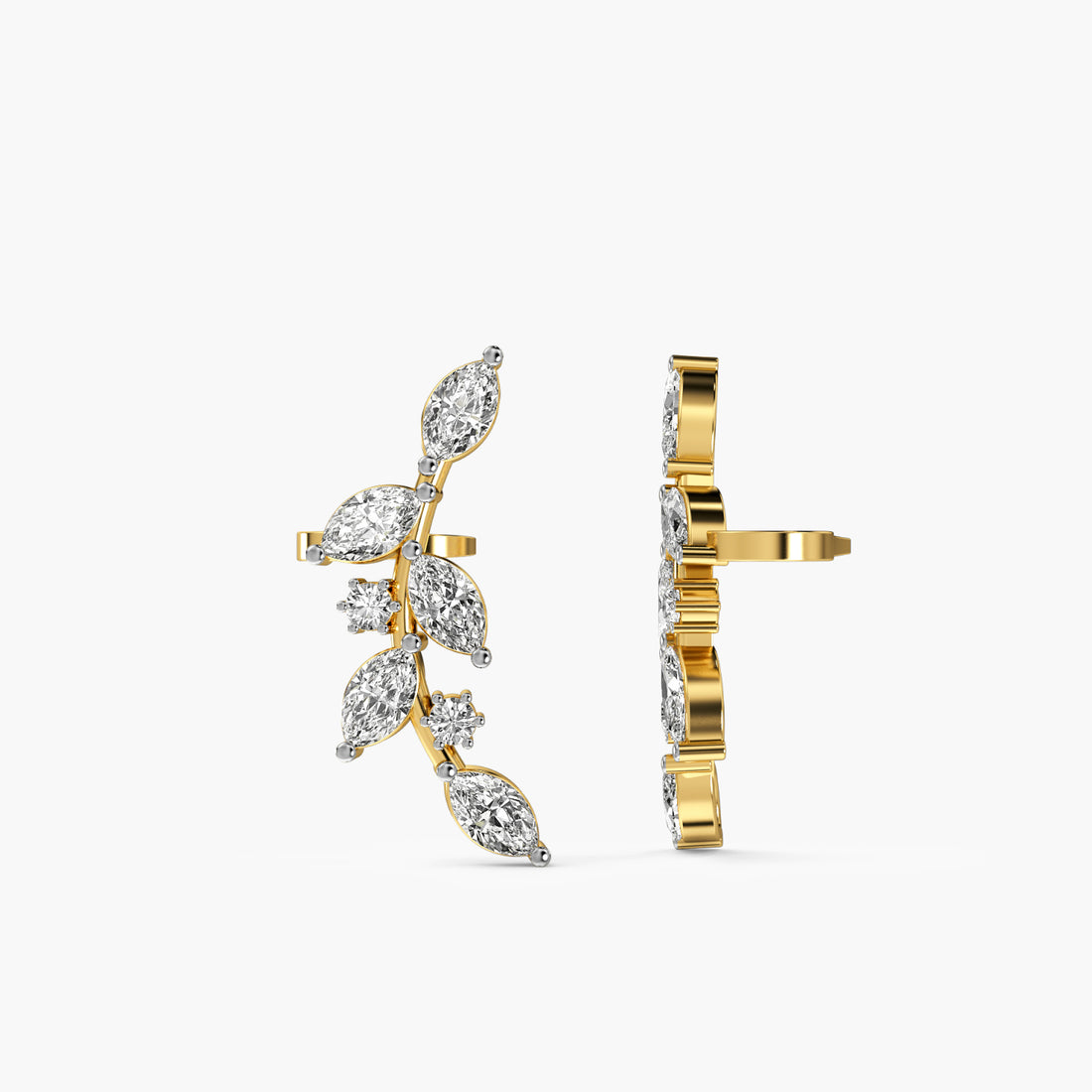 Vine Leaf Lab-Grown Diamond Earrings - Side View in Yellow Gold - Diamond Earring by Moena