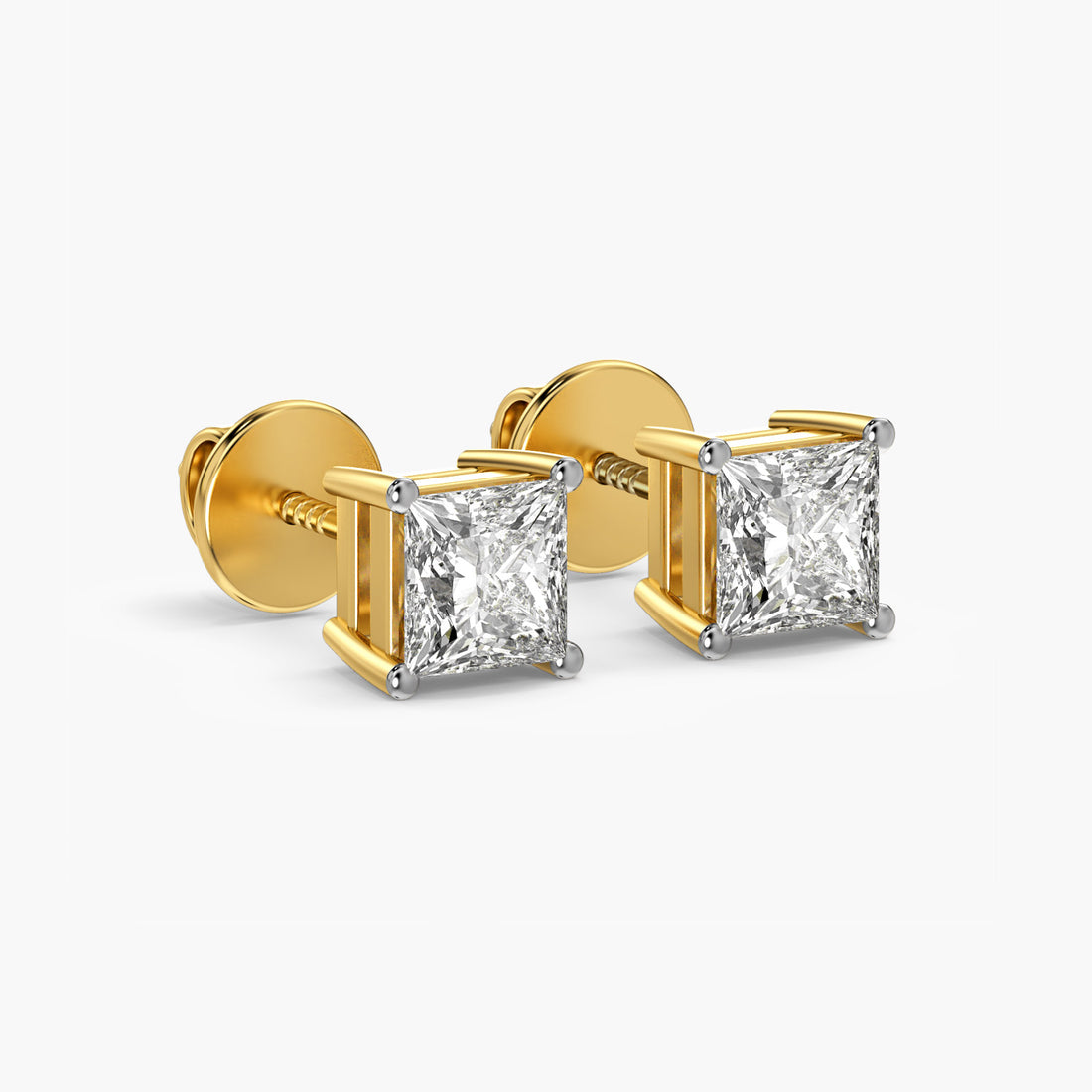Princess-Cut Lab-Grown Diamond Studs - 3D View in Yellow Gold - Princess Diamond Stud by Moena