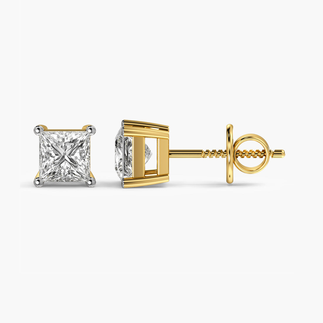 Princess-Cut Lab-Grown Diamond Studs - Side View in Yellow Gold - Princess Diamond Stud by Moena