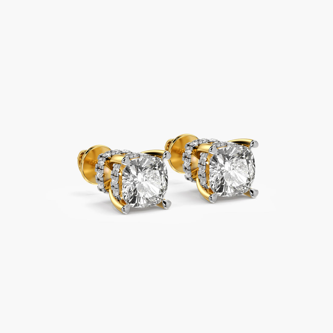 Cushion-Cut Solitaire Earrings - 3D View in Yellow Gold - Cushion Diamond Earring by Moena