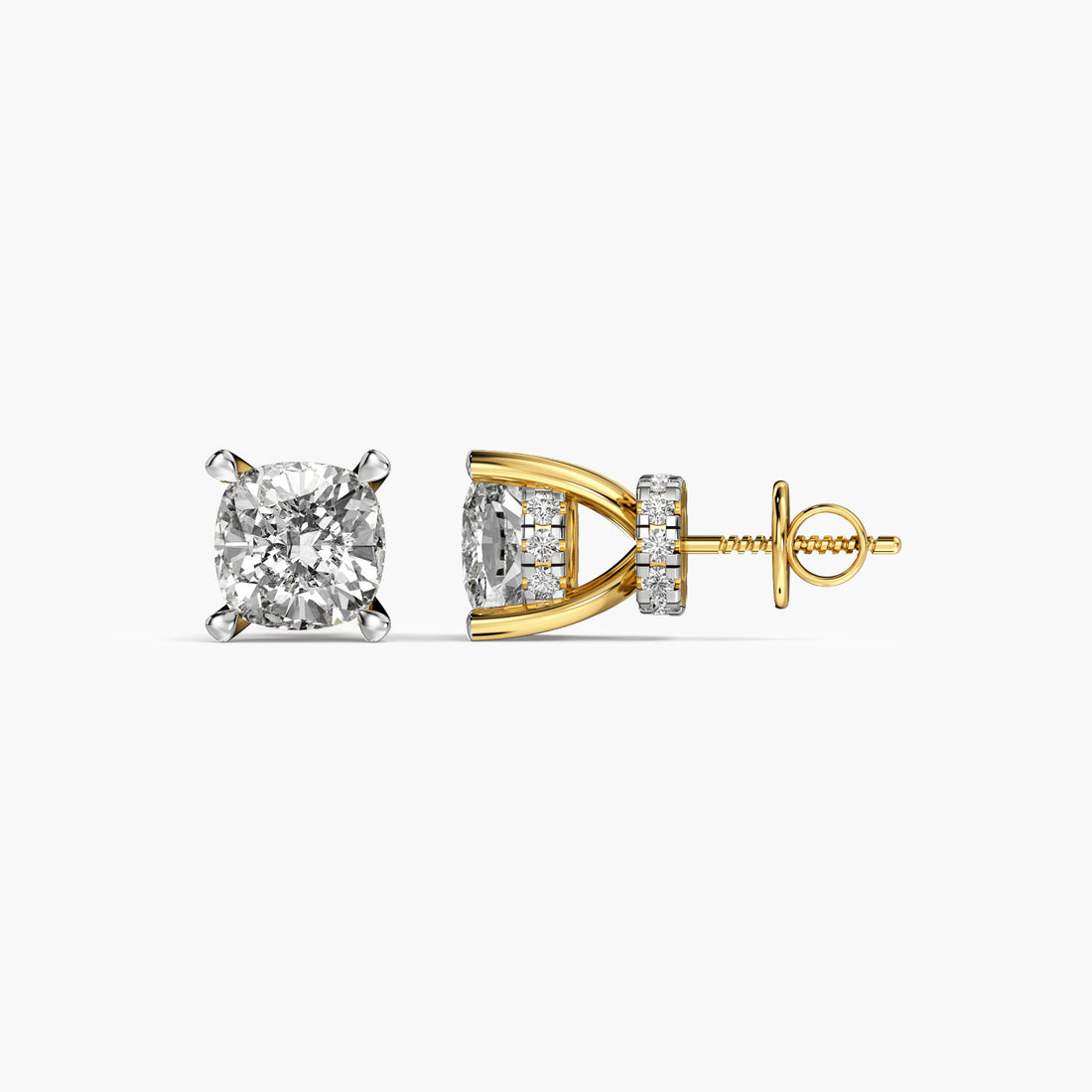 Cushion-Cut Solitaire Earrings - Side View in Yellow Gold - Cushion Diamond Earring by Moena