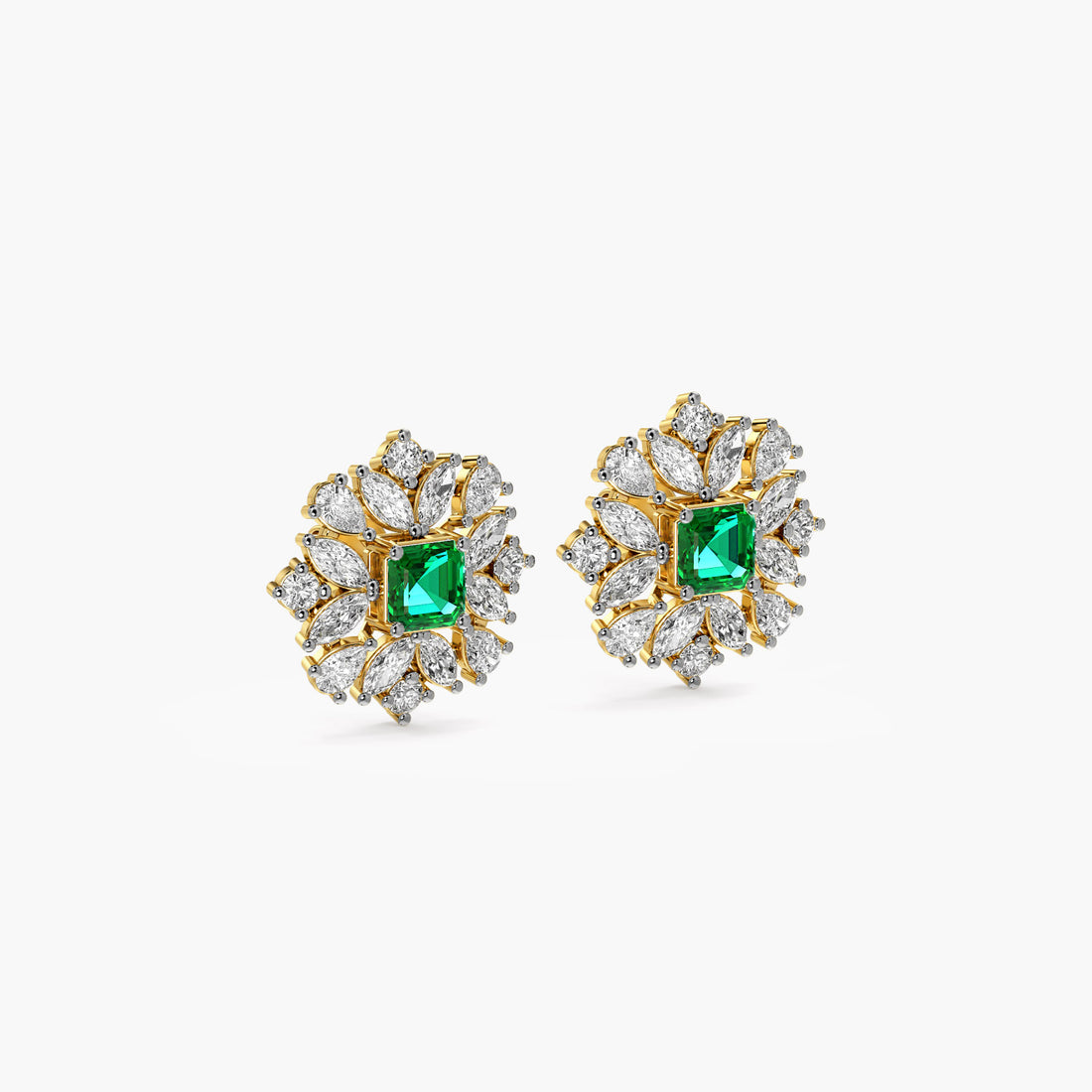 Green Bloom Stud Earrings - 3D View in Yellow Gold - Diamond Earring by Moena