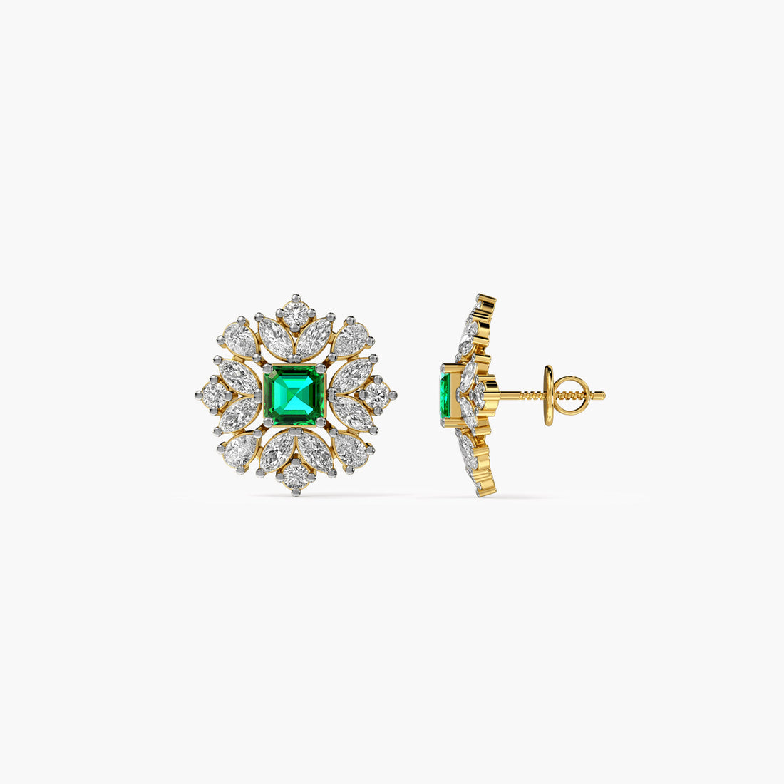 Green Bloom Stud Earrings - Side View in Yellow Gold - Diamond Earring by Moena