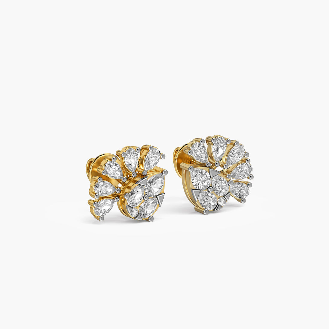 Floral Fan Studs in Gold - 3D View in Yellow Gold - Diamond Stud by Moena