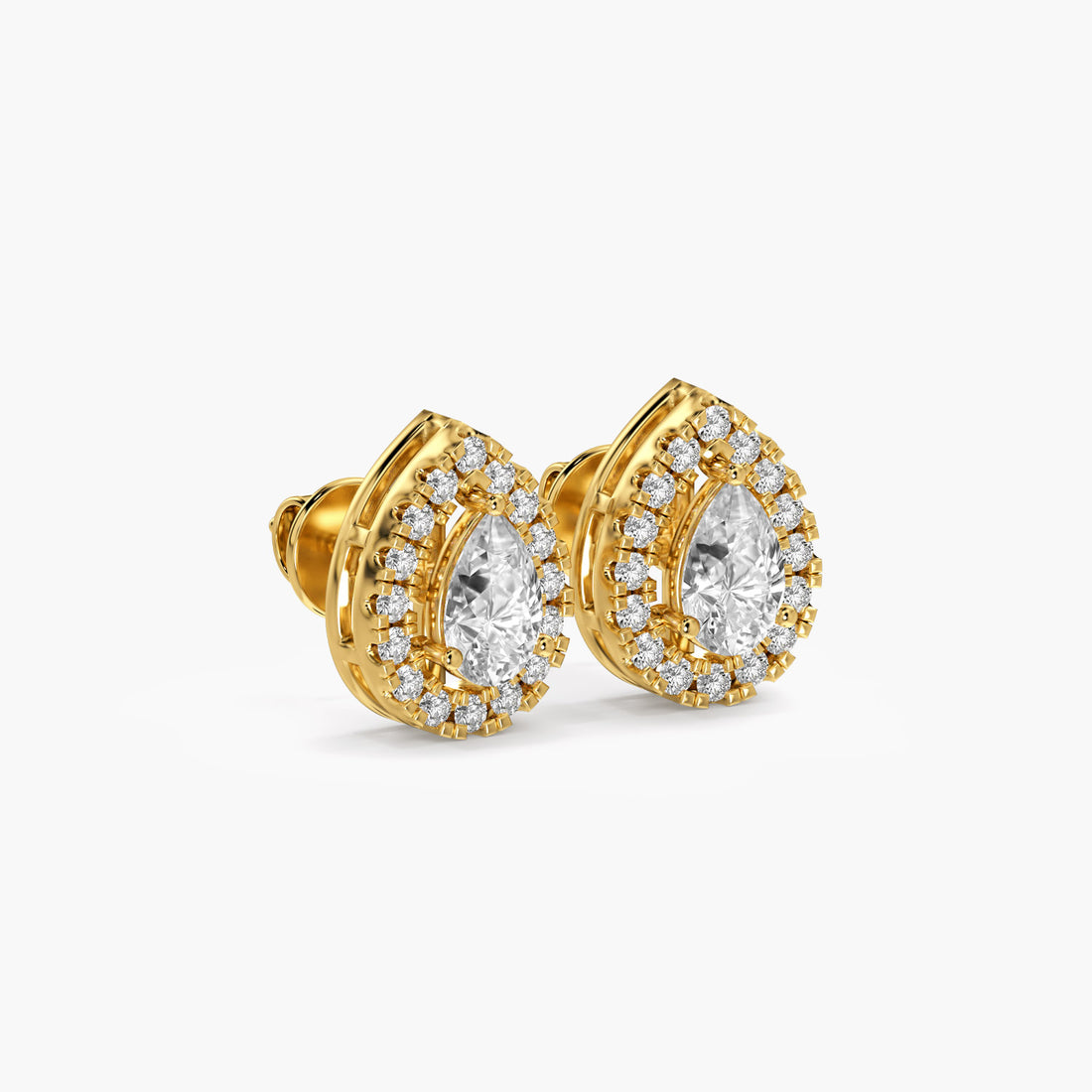 Pear Halo Stud Earrings - 3D View in Yellow Gold - Pear Diamond Earring by Moena