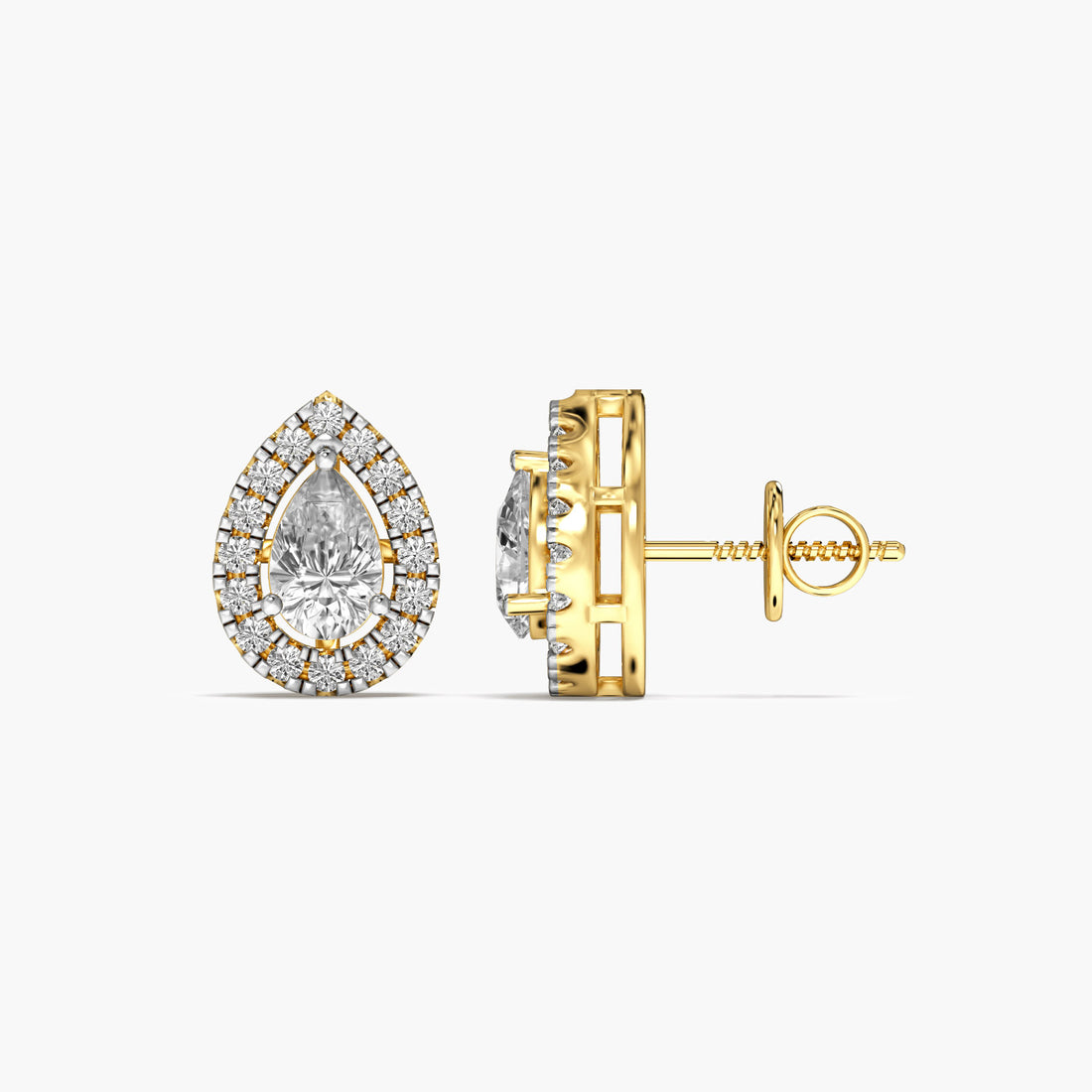 Pear Halo Stud Earrings - Side View in Yellow Gold - Pear Diamond Earring by Moena