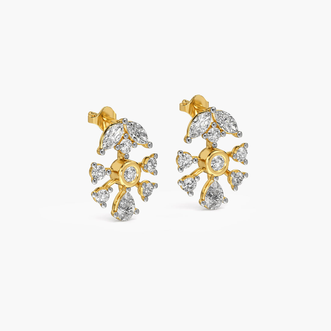 Snowflake Inspired Stud Earrings - 3D View in Yellow Gold - Diamond Earring by Moena