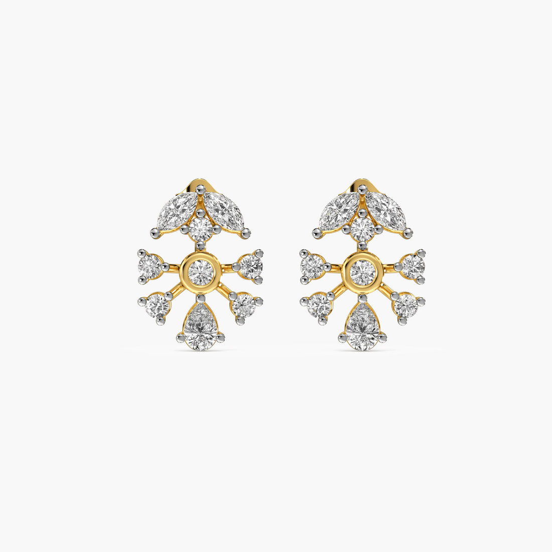 Snowflake Inspired Stud Earrings - Front View in Yellow Gold - Diamond Earring by Moena
