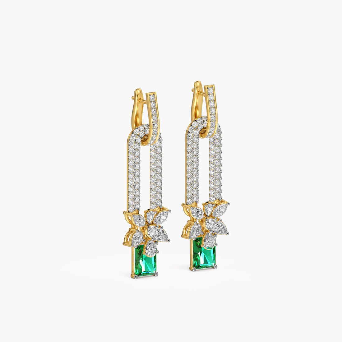 Emerald Drop Floral Danglers - 3D View in Yellow Gold - Emerald Diamond Jewellery by Moena