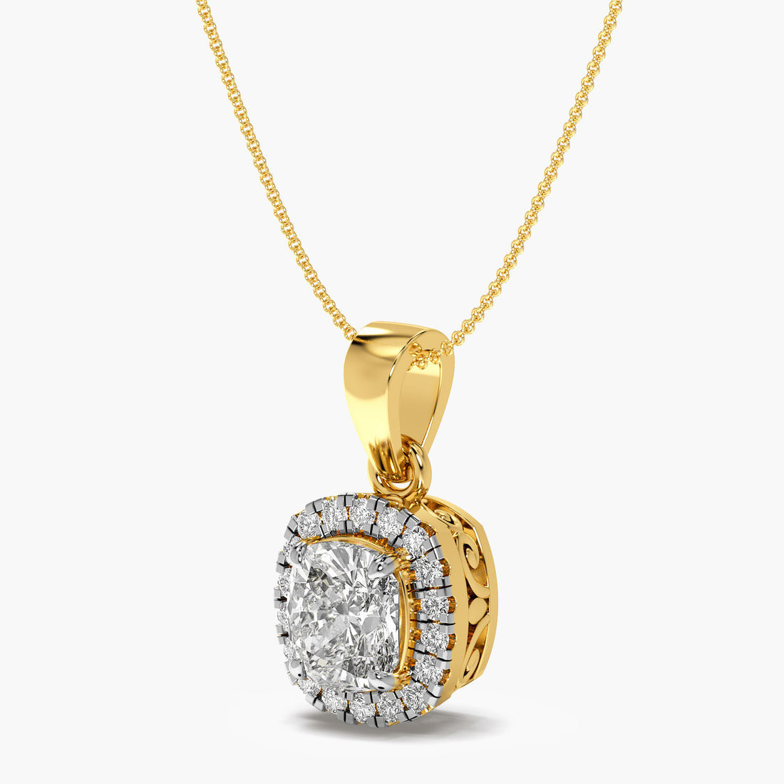 Cushion Halo Diamond Pendant - 3D View in Yellow Gold - Cushion Diamond Pendant by Moena